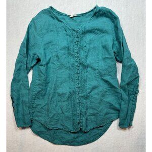 Eileen Fisher Irish Linen Button Front Shirt Jade Green Womens Small S Lagenlook